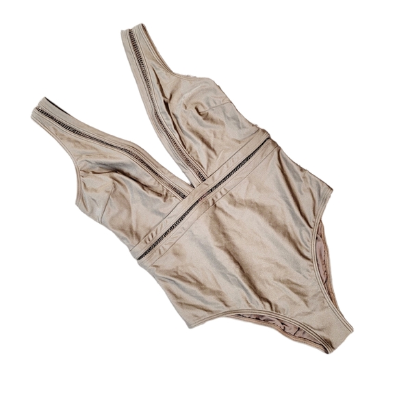 NWT Ted Baker Pointelle Deep V Plunge One Piece Swimsuit Khaki Green 8 - Picture 4 of 12